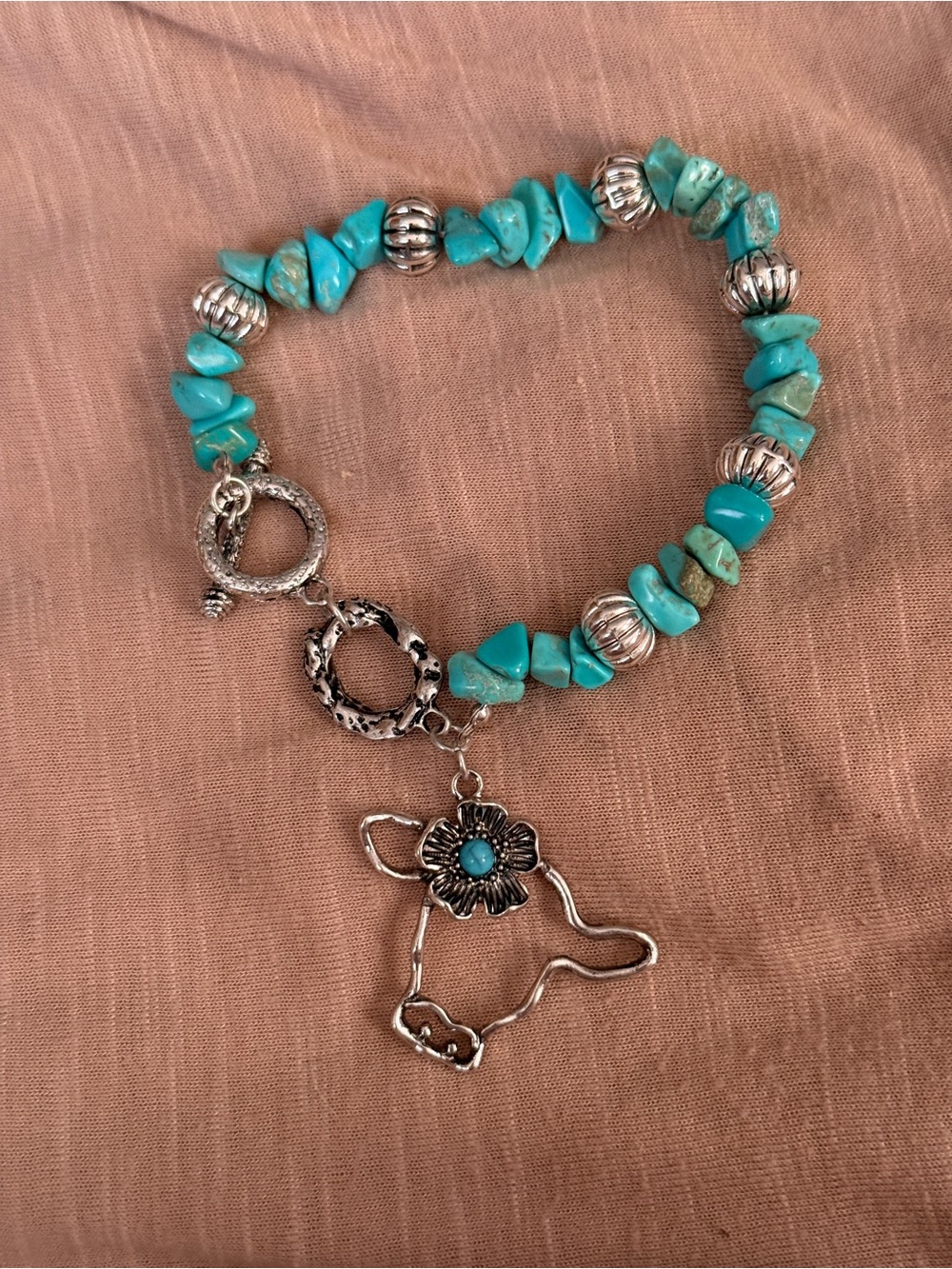 Turquoise Bead Cow Charm Bracelet - Silver Accents